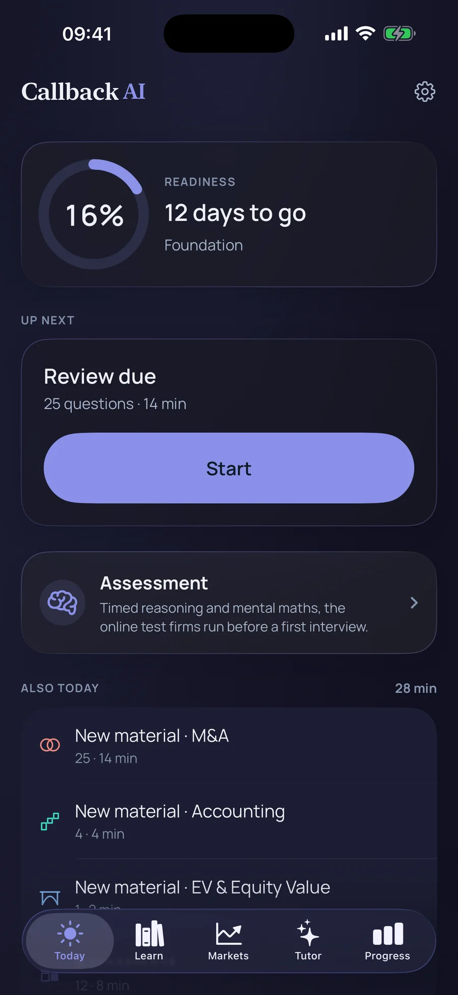 Callback Today screen showing an interview preparation plan