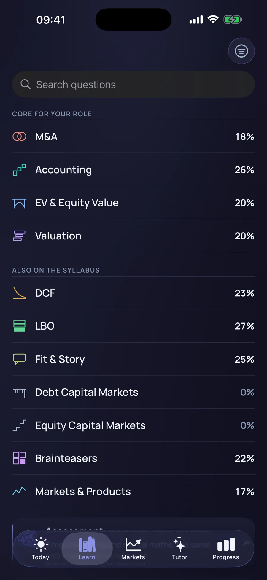 Callback Learn screen showing finance study topics